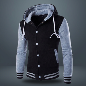 Blouson universitaire décontracté sur mesure avec col montant et capuche, en tissu tricoté respirant, teint, boutonné, pour l'hiver - Product Image 2