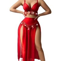 YYU2026 Ensemble de lingerie sexy transparent en maille, style nuisette, avec jupe longue fendue taille haute, effet exotique