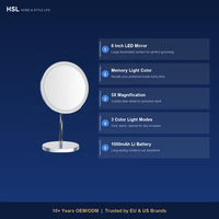 Miroir de table LED 8 pouces avec grossissement 5X, variateur tactile, lumière à mémoire 3 couleurs, rechargeable Type-C 1000 mAh, miroir chromé