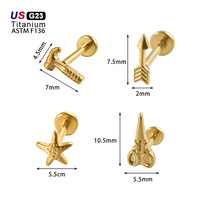 Piercing Labret en Titane F136 à Filetage Interne, Motifs Marteau, Ciseaux, Étoile de Mer, Dos Plat, pour Lèvre et Cartilage