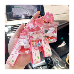 Cute Mini Bottle Raabit Milk Tea Keychain Sakura Acrylic Crystal Keychain Floating Bottle Oil Key Chain