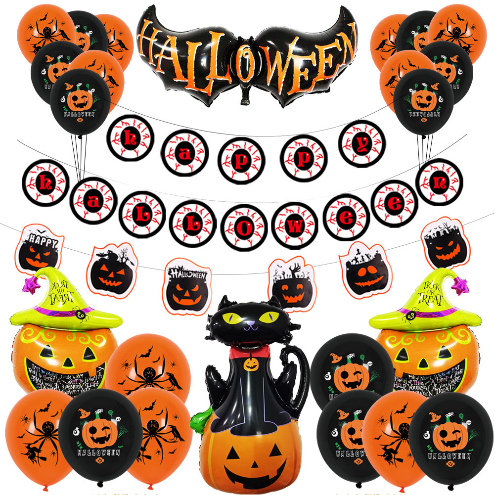 Hot Halloween Decorations Supplies Scarlet Letter Pull Flag Banners Printing Aluminum Foil Balloon Set Event Party Supplies