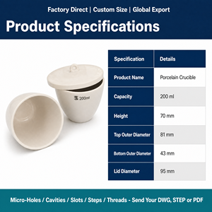 Crucible en porcelaine 200 ml pour la détermination des cendres à haute température – Fournitures de laboratoire pour l'incinération - Product Image 2