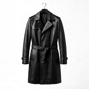 <b>Men's</b> Genuine Leather Trench Coat <b>Double</b> <b>Breasted</b> Knee Length Waterproof Winter <b>Overcoat</b> Turn-Down Collar Belted Outerwear 220g - Product Image 1