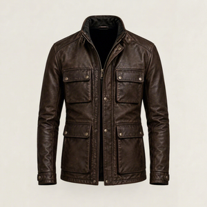 Men's Dark Brown Leather Jacket Stand Collar Zipper <b>Snap</b> Button Flap Pocket Moto Biker Coat - Product Image 1
