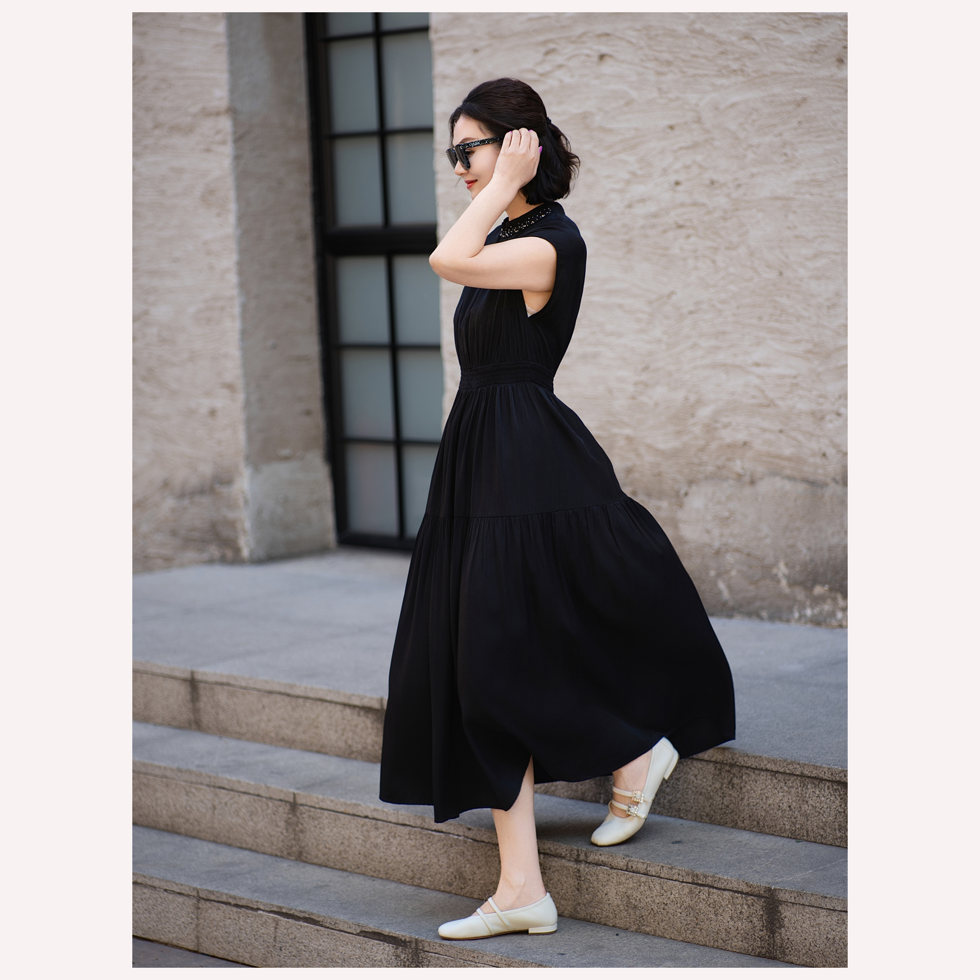 Poemtree Re-engraved Audrey Hepburn Wind Nail Beads Elegant for Tencel Dress Lanjing Company Casual Summer Solid Plain Dyed