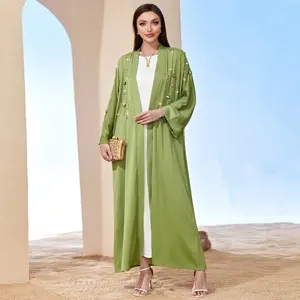 Fashion Pure Handwork Rhinestone Dubai Abayas For Female Basic Solid Full Sleeve Turkish Women's Elegant Kimono