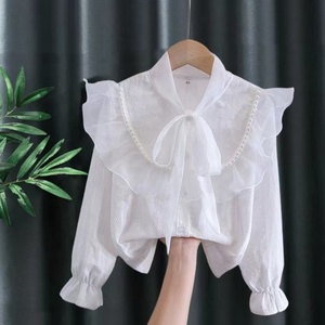 Maglietta con pizzo, maglia bianca a maniche lunghe per bambina, top a maniche lunghe stile scolastico per bambini di taglia media - Product Image 6