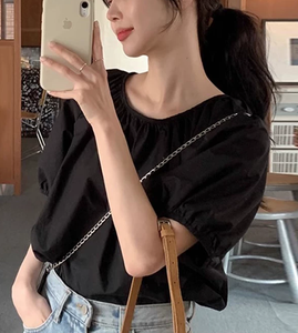 Chemisier <span class=keywords><strong>noir</strong></span> à nouer pour <span class=keywords><strong>femme</strong></span> <span class=keywords><strong>Top</strong></span> à manches bouffantes T-Shirt décontracté et <span class=keywords><strong>chic</strong></span> Summer Loose Fit Cute Boho Style Streetwear - Product Image 2
