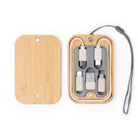 Set Kabel Pengisi Daya Multi Eco Bamboo dengan Logo Kustom, Kit Kabel Charger Portabel untuk Perjalanan, Tipe C 8Pin Micro USB, Kotak Penyimpanan