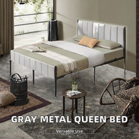 Lit plateforme en velours gris capitonné avec cadre en métal, taille Queen, pieds arrondis, butée de matelas, montage facile, idéal pour hôtels et appartements