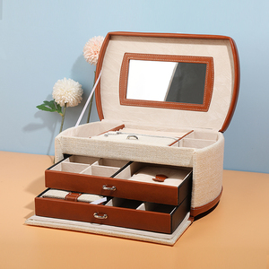 WEIMEI <b>Large</b> Capacity Linen Jewelry Cosmetics Organizer <b>Box</b> Travel Storage Bag Dresser Storage with Mirror - Product Image 4