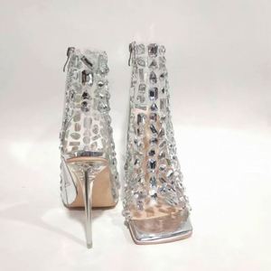 Venta Directa de Fábrica, Zapatos de Tacón Alto Elegantes con Punta Abierta y Pedrería, Botines de Tacón Alto para Mujer, Botas de Lujo con Pedrería - Product Image 6