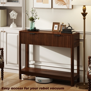 Mid Century Modern Fluted Console <b>Table</b> <b>Walnut</b> Finish 2 Drawers Open Shelf Narrow Entryway Sofa <b>Table</b> - Product Image 3