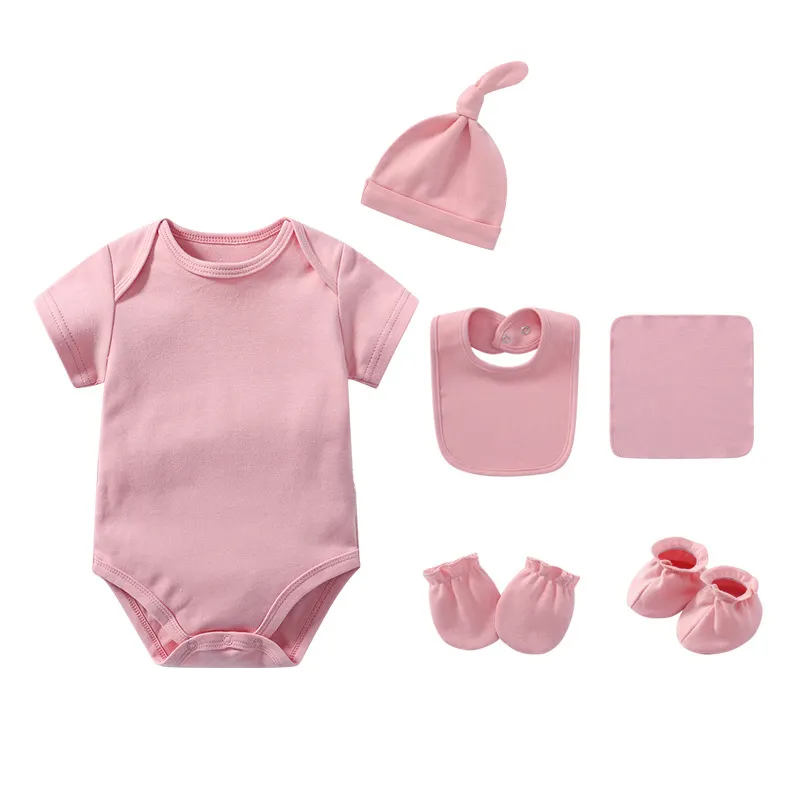 Wholesale 6PCS 100% Cotton Newborn Gift Set Baby Onesie Jumper Bodysuit Romper Baby Clothing Set With Baby Hat Bibs
