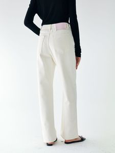 ODM OED Jeans pour femme taille haute, coupe ample et jambe large, en denim <span class=keywords><strong>blanc</strong></span>, avec logo brodé et imprimé à la technique tissée - Product Image 5