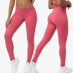 TIKTOK özel yüksek bel V çapraz kemer Yoga tozluk kadınlar için yetişkinler için katı desen Push-up elastik Yoga pantolon