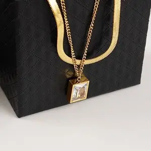French Style Double Layer Stainless Steel Gold Plated Snake Square Cubic Zirconia Pendant Necklace