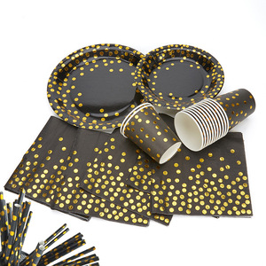 Black Gold Dot Design Tableware Set Disposable Paper Plates Cups Napkins Straws Party Tableware Set - Product Image 3