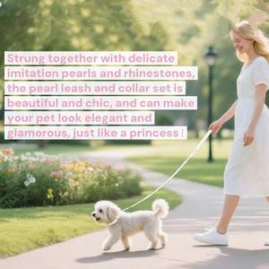 Juego de collar y correa para perro, rosa con diamantes de imitación de cristal, diseño de perlas de doble fila, varios tamaños de color (blanco, M) - Product Image 2
