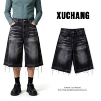 XUCHANG Short en jean baggy pour homme, style streetwear vintage, design original, avec logo personnalisé, 100% coton, délavage effet moustaches et bords bruts