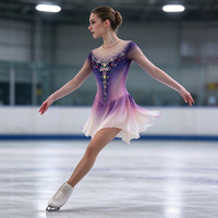 Robe de patinage et de danse dégradé violet, rose et blanc, en maille à manches longues, ornée de strass et de perles, pour enfants et adultes, pour compétition et spectacle