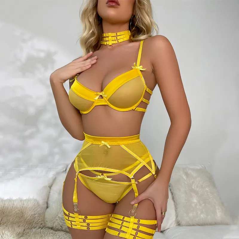 Gelbe Damen Dessous Sinnliche Fantasie Hohl Durchsichtiges Netz Exotische Frauen Sexy Kostüme Strumpfband Dessous Set Damen Unterwäsche