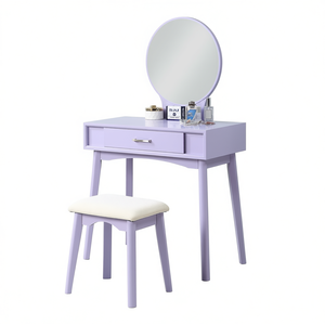 Tocador contemporáneo de madera morada con espejo ajustable y taburete para espacio de maquillaje - Product Image 1