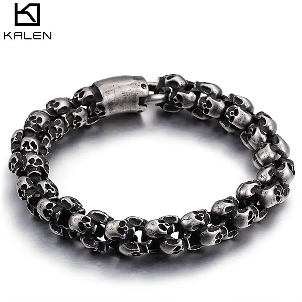 KALEN — Bracelet en acier inoxydable avec crâne pour hommes, bijoux Punk, ajustable, chaîne en acier inoxydable, vente en gros