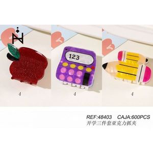 3-Piece School Acrylic Hair Claws Set Apple Calculator Pencil Design For Students - Product Image 3