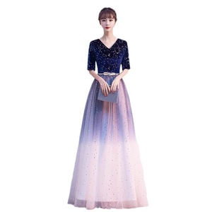 Long Evening Gown For Women Choir Performance A-Line Empire Waist Square Collar Contrast Color Polyester Stage Costume - Product Image 5