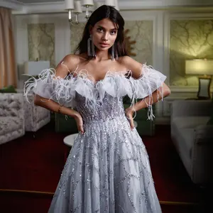 Scz028 Luxury Dubai Feather Silver Evening Dresses Elegant Long Gold Lilac Women Formal Party Dress For Wedding Guest