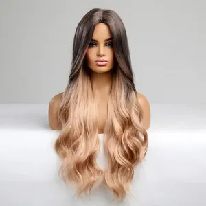 Long Wavy Hair Ombre Brown to Blonde Synthetic Wigs for Women Fiber Hair wigs supplier