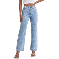 Site Web indépendant euro-américain pour le commerce transfrontalier : Jean en denim délavé mi-ancien, perlé, coupe droite, coupe classique, pour femme, collection hiver