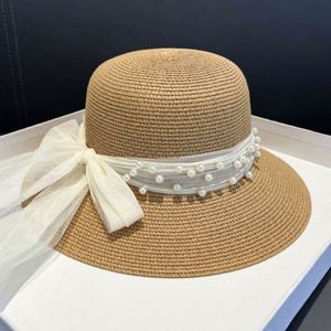 Summer New Pearl Mesh Sunshade Straw Character Woven Lace Travel Female Bowknot Bucket <b>Hat</b> Wholesale - Product Image 4
