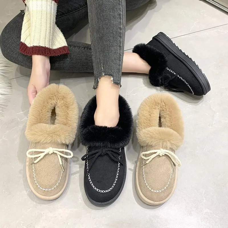 Sepatu bot salju datar kasual wanita, sepatu bot anak musim dingin 2023, sepatu katun warna polos sederhana modis
