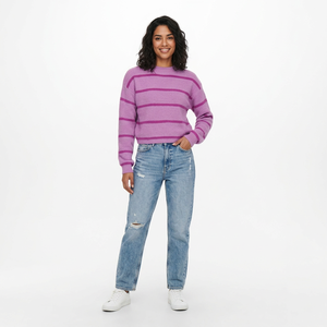 Suéter de punto a máquina para mujer, de mezcla de viscosa a rayas, cuello redondo, manga larga, top corto, 4.31LBS, ropa casual para principios de otoño - Product Image 1