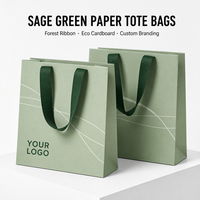 Sac en papier cartonné écologique avec logo imprimé personnalisé, poignée en ruban vert forêt, emballage cadeau de luxe pour la vente au détail