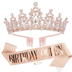 Ensemble Couronne et Écharpe d'Anniversaire Queentiara, Strass Scintillants, <span class=keywords><strong>Couronnes</strong></span> pour Reines avec Ruban pour Filles et Femmes, Fournitures de Fête - Product Image 1