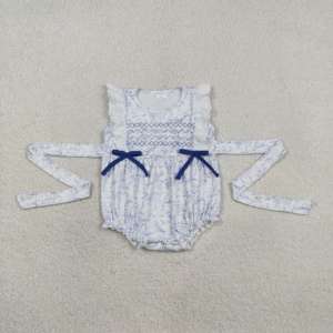 SR3219 rts Mono de manga larga para bebé con estampado de flores azules, conjunto de pijama para niños, venta al por mayor - Product Image 1