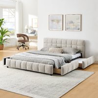 Modernes Luxus-Queensize-Bett mit Gepolstertem Kopfteil, Plattform-Bettrahmen, Höhenverstellbar, Holz-Aufbewahrungsschublade, Samt-Chenille-Furnier