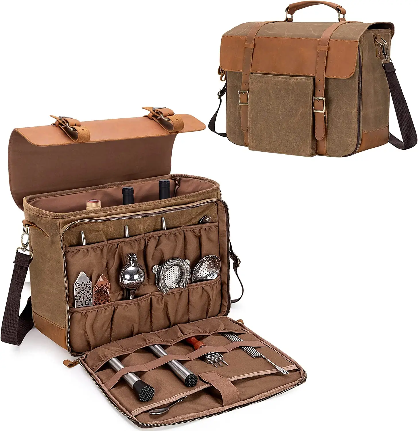 Benutzer definierte Vintage Waxed Canvas Messenger Barkeeper Tasche Tragbare Wein reisetasche mit dicken inneren Trennwänden für Bar Kits