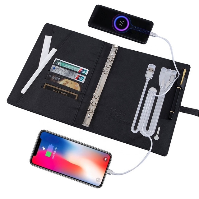 Novelty 8000mah Power Bank Notebook Set Stainless Steel Metal Wireless Charging PU Leather Cover USB Flash Drive Paper Gifts