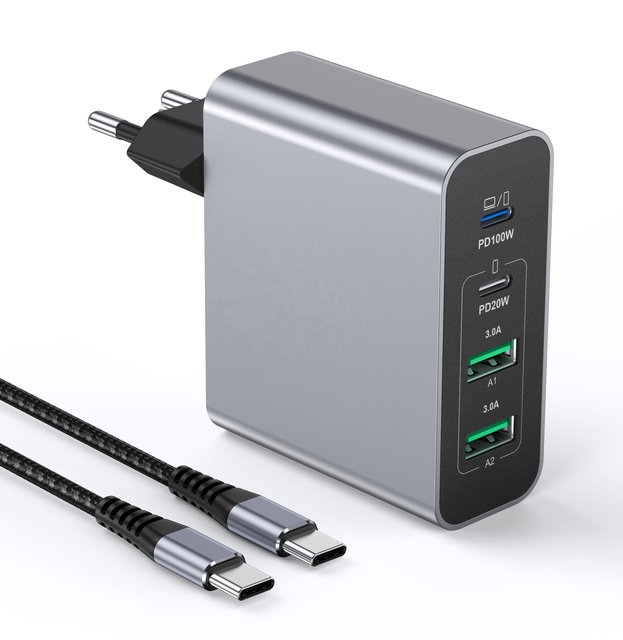 HNT GaN 120W Charger Head Type c EU Fast Charge 4 Port Grey USB Wall Charger Adapter Mobile Phone Laptop Charger with 100W Cable