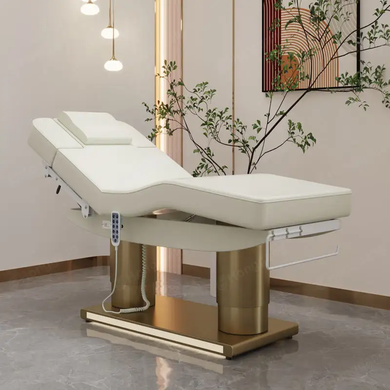 Table de massage en acier inoxydable avec base en métal plaqué or et 3 moteurs pour salon de beauté du visage