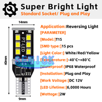 Ampoules LED 921 912 T15 W16W Canbus sans erreur pour feux de recul et stop, 6000K 2835 15SMD pour éclairage automobile