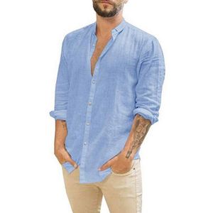 Nuova moda cardigan da <span class=keywords><strong>uomo</strong></span> in lino tinta unita casual <span class=keywords><strong>camicia</strong></span> <span class=keywords><strong>a</strong></span> maniche lunghe con colletto in piedi - Product Image 1