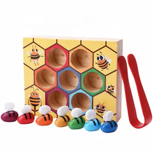 C02059 Montessori Bee Beehive Board Clip Bees Game Wooden Honeycomb Matching Game Color Sorting Toy catching bee game