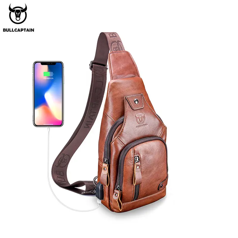 Bullcaptain Men's Leather Large Capacity Chest Bag Men's Shoulder Bag with USB Port Men's Chest Bag