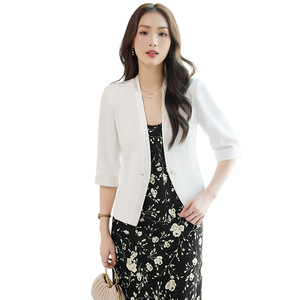 Women's Blazer Pink Solid Color Three Quarter Sleeve Collarless Slim Fit Breathable <b>Summer</b> Style - Product Image 5